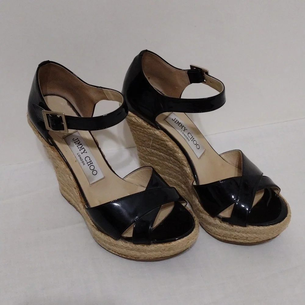 Jimmy Choo Designer Paisley Patent Leather Wedge Sandals Ankle Strap US 6 Chic